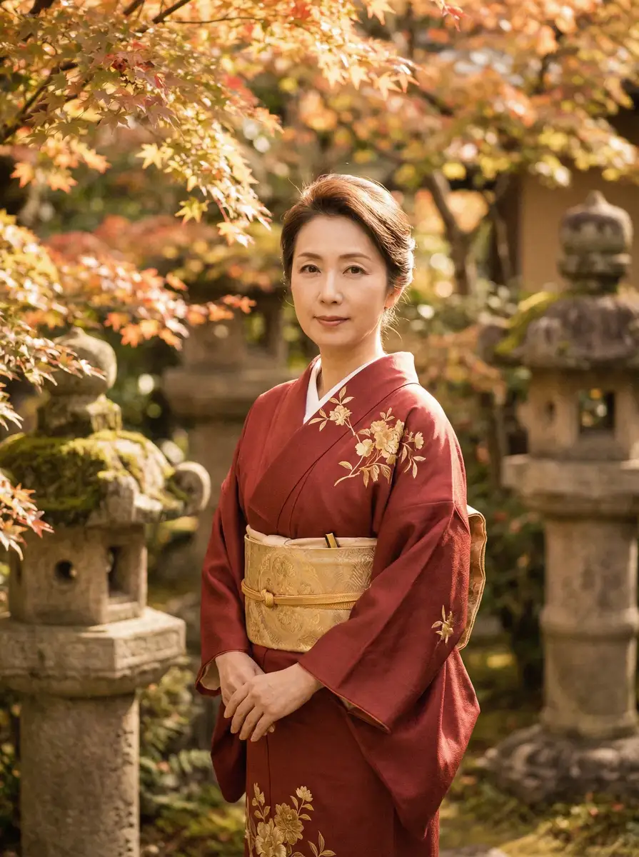 一位身穿暗红色和服的优雅 女神视频 在日式庭院中